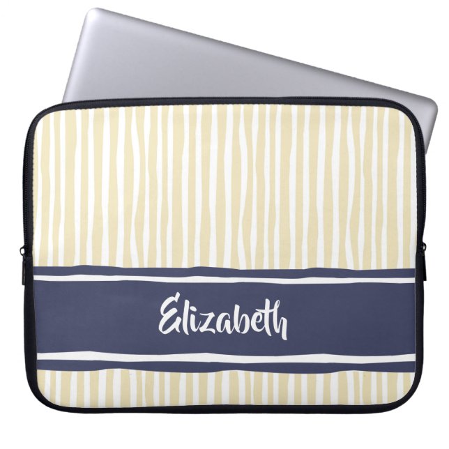 Wavy Painterly Stripes Navy and Cream With Name Laptop Sleeve (Voorkant)