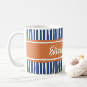 Wavy Painterly Stripes Oranje en blauw met naam Koffiemok