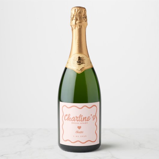 Wavy Pink Pastel Handschrift Retro Vrijgezellenfee Sparkling Wijnetiket (Voorkant)