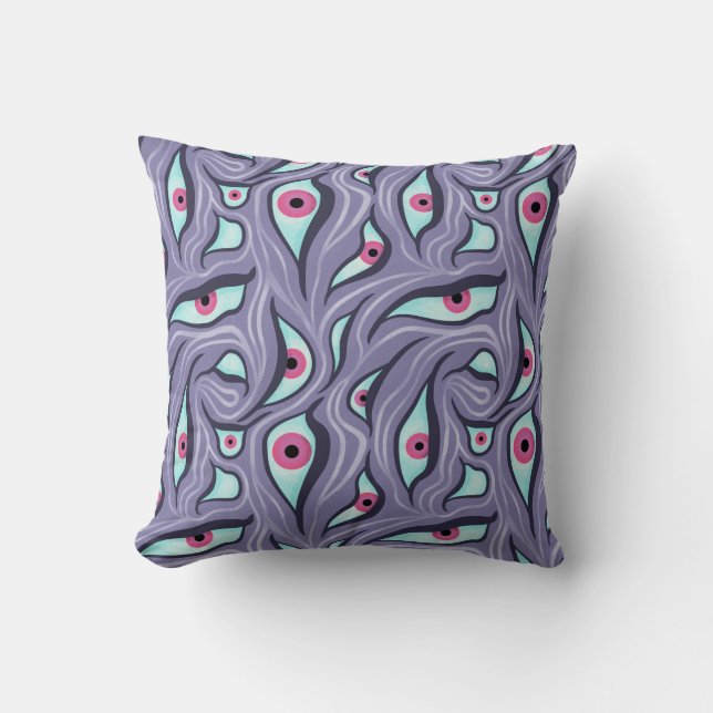 Wavy Psychedelic Horror - Paarse Evil Eye Pattern Kussen (Voorkant)
