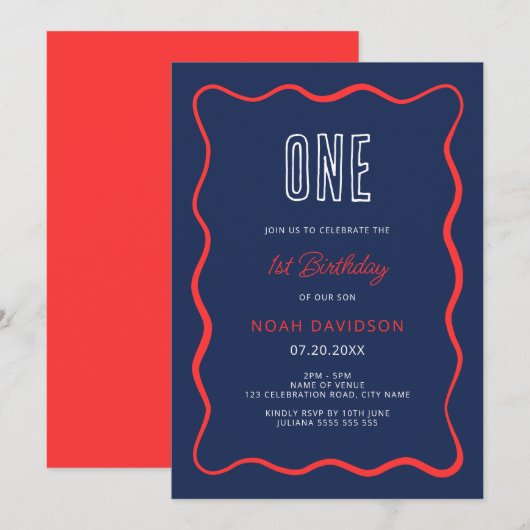 Wavy Red et Blue 1er anniversaire Invitation (Devant / Derrière)