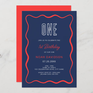 Wavy Red et Blue 1er anniversaire Invitation