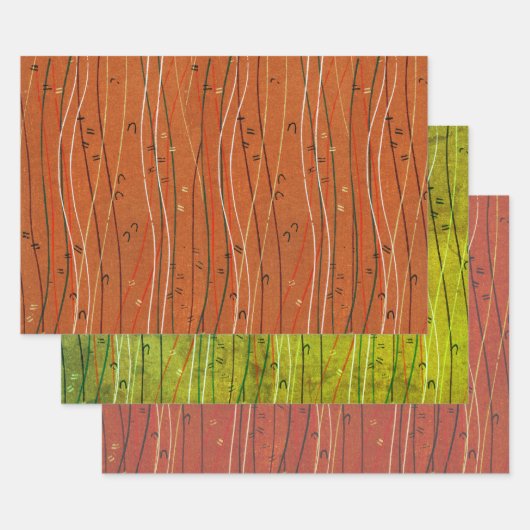 Wavy Red Stripes: moderne Japanse Abstracte kunst Inpakpapier Vel (Set)