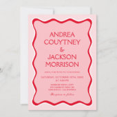 Wavy Retro foto Rood en Roze bruiloft Kaart (Voorkant)