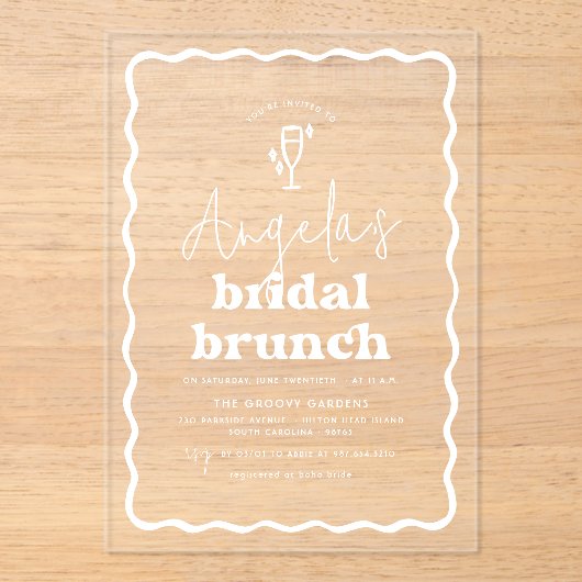 Wavy Retro Groovy Modern Bruch Vrijgezellenfeest Acryl Uitnodigingen (Voorkant)