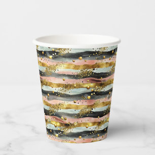 Wavy roze en zwarte strepen met gouden glitter papieren bekers