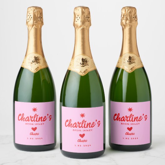 Wavy Roze Rood Handschrift Retro Vrijgezellenfeest Sparkling Wijnetiket (Flessen)