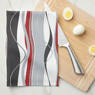 Wavy Vertical Stripes Red Black White en Grey Theedoek