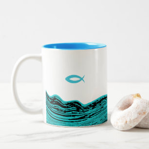 Wavy Waters Jesus Fish Tweekleurige Koffiemok