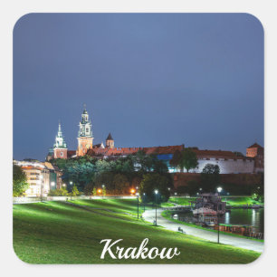 Wawel kasteel 's nachts in Krakau, Polen Vierkante Sticker