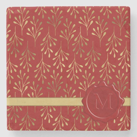 Wax Seal Gold Leaf Pattern Red Elegant Monogram Stenen Onderzetter (Voorkant)