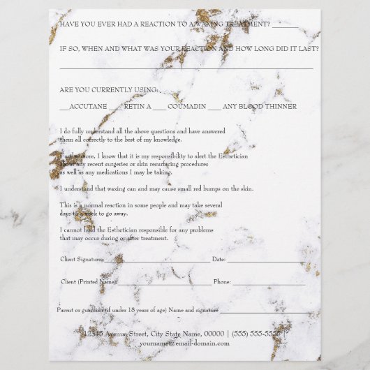 Waxing Depilation Liability Waiver Release Marble Flyer (Achterkant)
