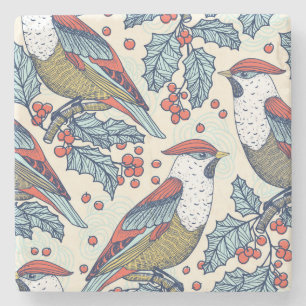  Waxwings Holly Kerstpatroon Stenen Onderzetter