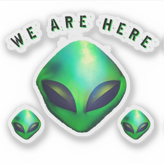 "We Are Here" groene alien hoofd sticker (Voorkant)