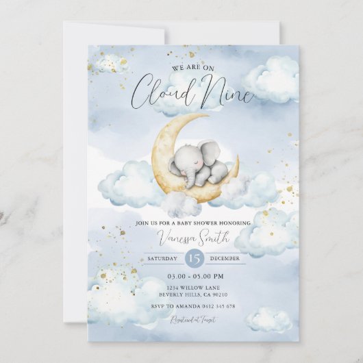 We Are On Cloud Nine Blue Elephant Baby Shower  Kaart (Voorkant)