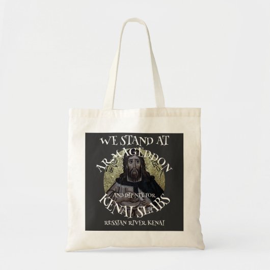 WE BEGINNEN MET ARMAGEDDON EN DIP NET SALMON TOTE BAG (Voorkant)