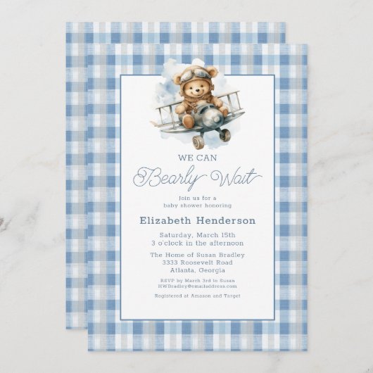 We Can Bearly Wait Airplane Baby Shower Kaart (Voorkant / Achterkant)