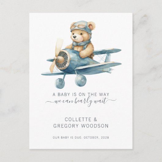 We Can Bearly Wait Baby Bear In Biplane Pregnancy  Aankondigingskaart (Voorkant)