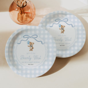 We Can Bearly Wait Blauwe Teddyshower Babyfeestje Papieren Bordje