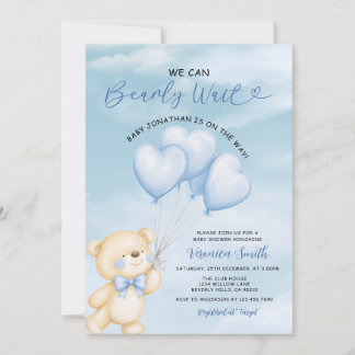 We can bearly wait Blue balloon Boy baby shower Kaart