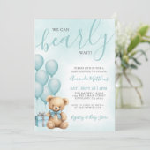 We Can Bearly Wait Blue Bear Baby Shower Kaart (Staand voorkant)