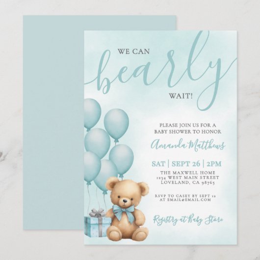 We Can Bearly Wait Blue Bear Baby Shower Kaart (Voorkant / Achterkant)