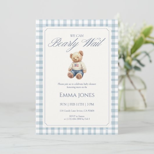 We Can Bearly Wait Blue Gingham pattern shower Kaart (Staand voorkant)