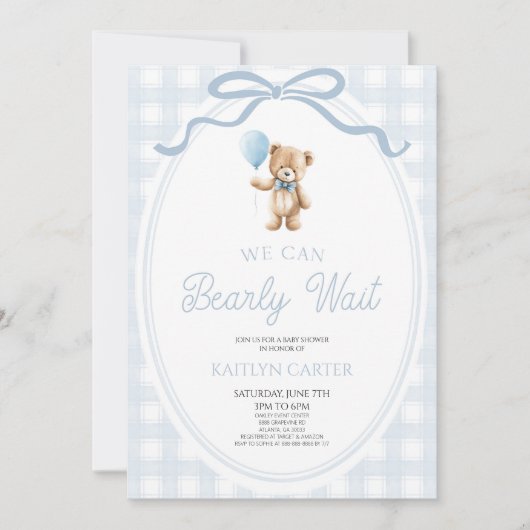 We Can Bearly Wait Blue Teddy Bear Baby Shower Kaart (Voorkant)