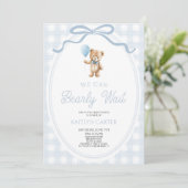 We Can Bearly Wait Blue Teddy Bear Baby Shower Kaart (Staand voorkant)