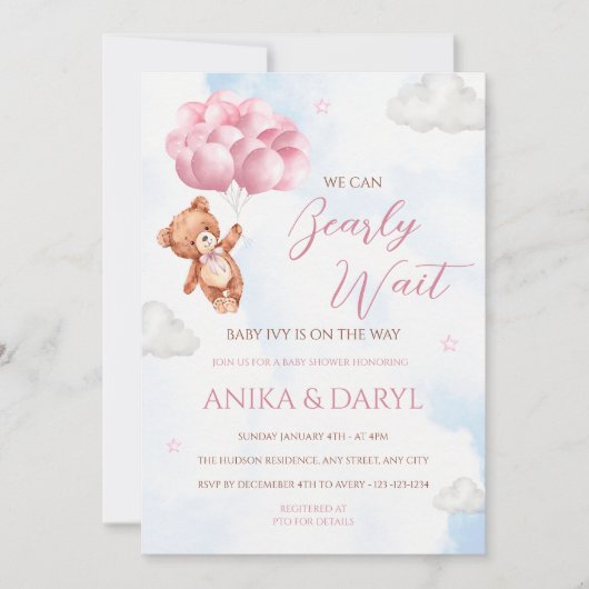 We Can Bearly Wait Pink Baby Shower Invitation Kaart (Voorkant)