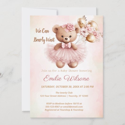 we can bearly wait pink babyshower Invitation Kaart (Voorkant)