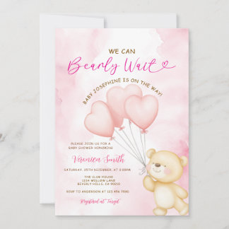 We can bearly wait pink balloon girl baby shower kaart