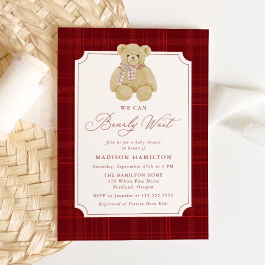 We Can Bearly Wait Plaid Teddy Bear Baby Shower Kaart