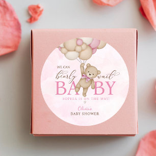 We Can Bearly Wait Roze Baby Shower Ronde Sticker