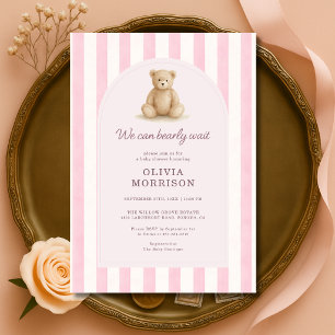 We Can Bearly Wait Roze Strepen Baby Shower Kaart