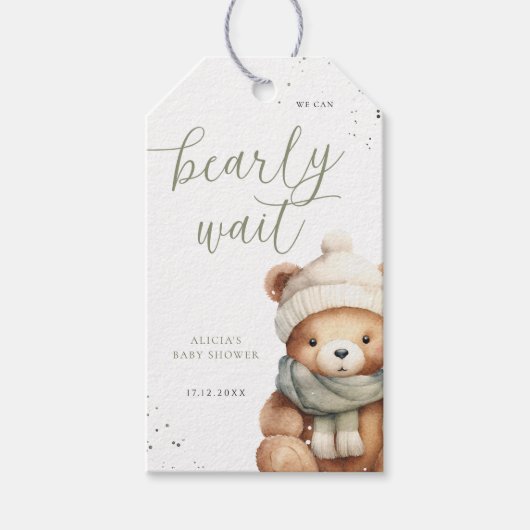 We Can Bearly Wait Saliegroene Baby Shower Cadeaub Cadeaulabel (Voorkant)