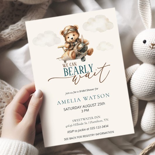 We Can Bearly Wait Teddy Bear Airplane Baby Shower Kaart