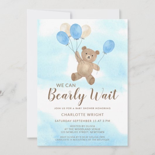 We Can Bearly Wait Teddy Bear Boy Baby Shower Kaart (Voorkant)
