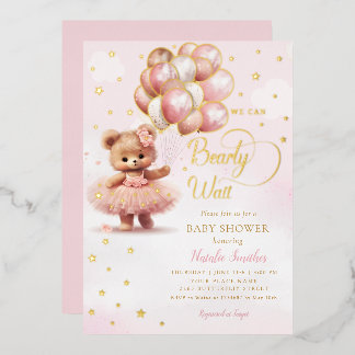 We Can Bearly Wait Teddybeer Meisje Baby Borrel Folie Uitnodiging