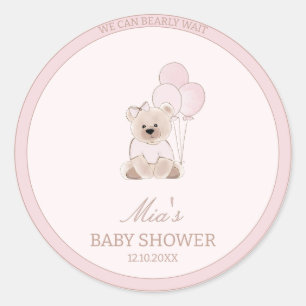 We Can Bearly Wait Teddybeer Roze Baby Shower Ronde Sticker