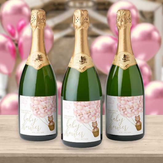 We Can Bearly Wait Teddybeer Roze Baby Shower Sparkling Wijnetiket
