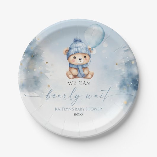 We Can Bearly Wait Winter Teddy Bear Baby Shower Papieren Bordje (Voorkant)