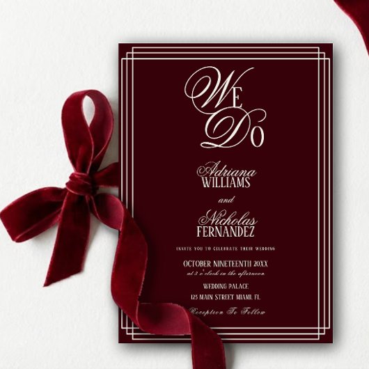 We Do Burgundy Old Money Wedding Kaart