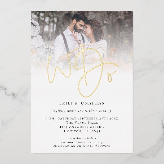 We Do Foto-overlay QR-code Script Bruiloft Echt  Folie Uitnodiging (Voorkant)