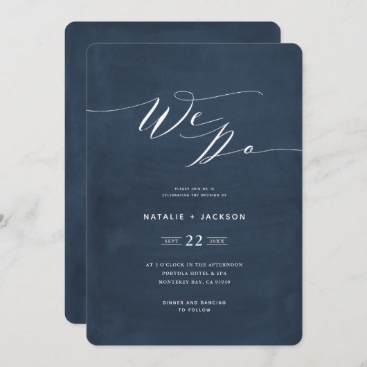 We Do navy bleu script texte élégant invitation de (Devant / Derrière)
