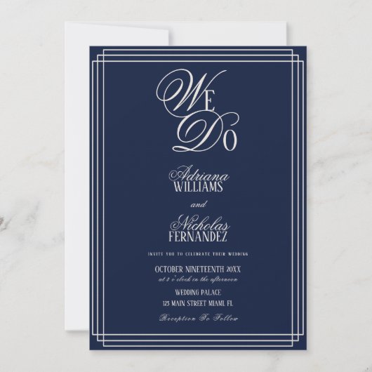 We Do Navy Blue Old Money Wedding Kaart (Voorkant)