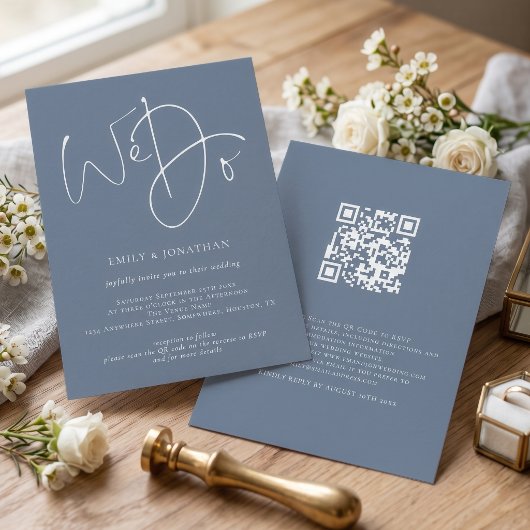 We Do Script Stofblauw Wit QR Bruiloft Kaart