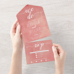 "We doen" bevlekte roze-perzikkalligrafie bruiloft All In One Uitnodiging