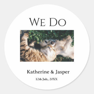 We doen bruiloft verloving huisdier naam foto datu ronde sticker
