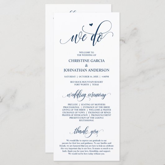 We doen dat, modern Navy Blue Script, bruiloft cer Programma (Voorkant / Achterkant)